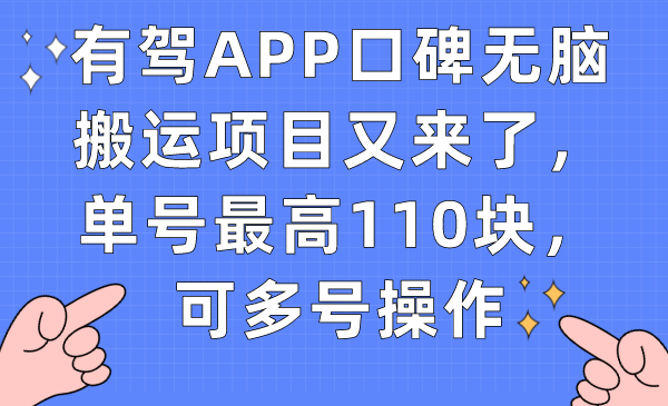 有驾APP口碑无脑搬运项目又来了，单号最高110块，可多号操作-海淘下载站