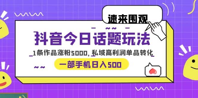 抖音今日话题玩法，1条作品涨粉5000，私域高利润单品转化 一部手机日入500-海淘下载站