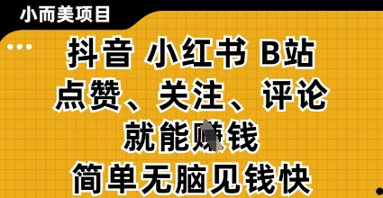 小而美的项目，抖音小红书B站视频点赞、关注、评论就能挣钱，简单无脑立见收益，妥妥的零撸项目【揭秘】-海淘下载站