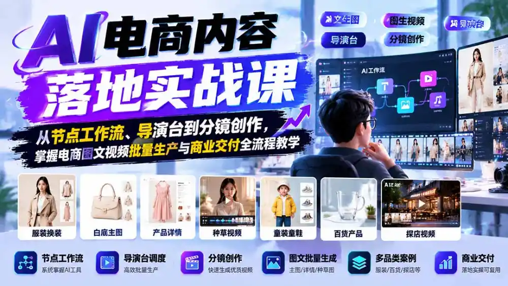 AI电商内容落地实战课:从节点工作流、导演台到分镜创作,掌握电商图文视频批量生产与商业交付全流程教学-海淘下载站