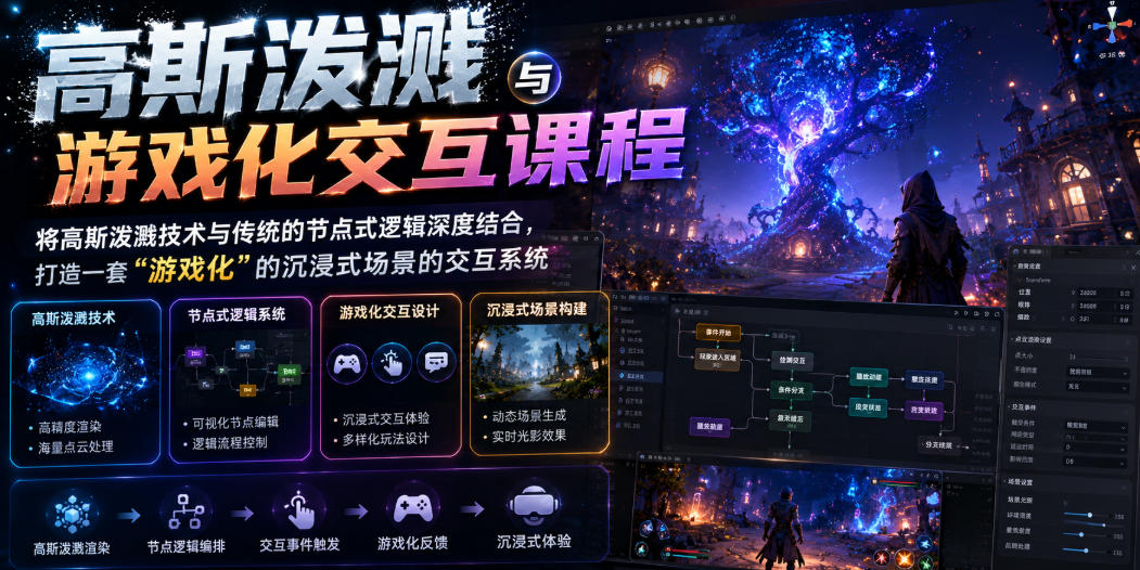 高斯泼溅与游戏化交互课程，将高斯泼溅技术与传统的节点式逻辑深度结合，打造一套“游戏化”的沉浸式场景的交互系统-海淘下载站