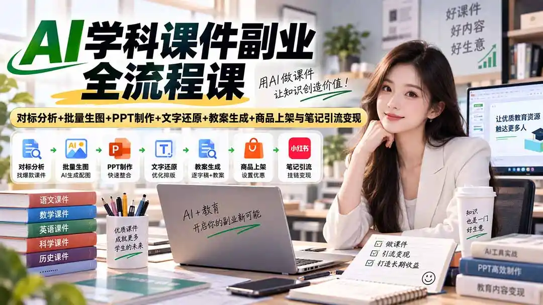 AI学科课件副业全流程课|对标分析+批量生图+PPT制作+文字还原+教案生成+商品上架与笔记引流变现-海淘下载站