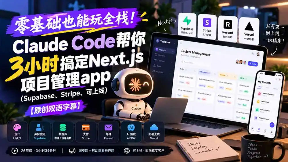 零基础也能玩全栈！Claude Code帮你3小时搞定Next.js项目管理app(Supabase、Stripe、可上线-海淘下载站