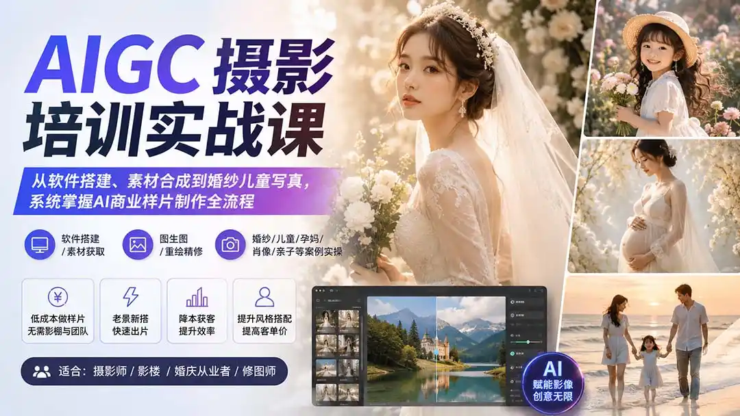 AIGC摄影培训实战课:从软件搭建、素材合成到婚纱儿童写真,系统掌握AI商业样片制作全流程-海淘下载站