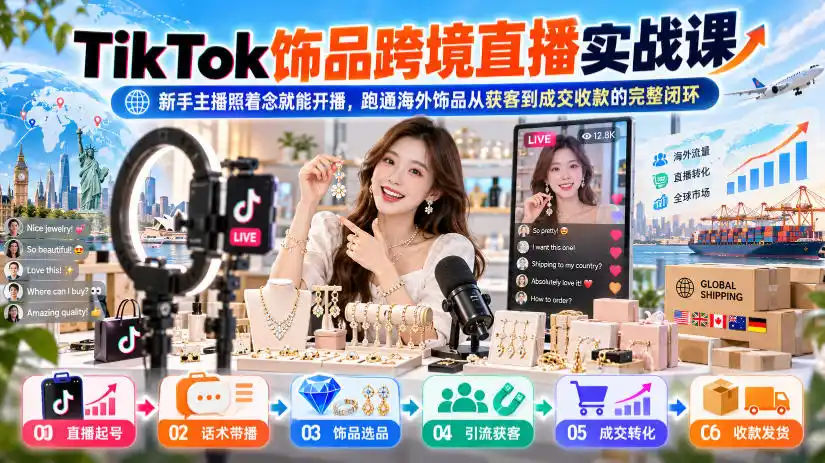 TikTok饰品跨境直播实战课，新手主播照着念就能开播，跑通海外饰品从获客到成交收款的完整闭环-海淘下载站