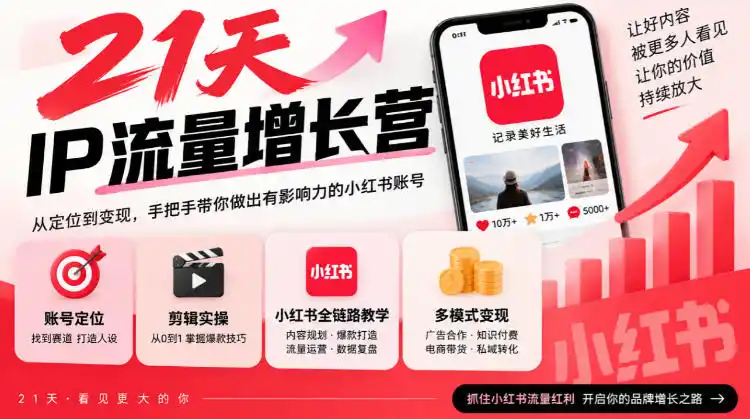 21天IP流量增长营,小红书全链路教学,账号定位剪辑实操,多模式变现系统课-海淘下载站