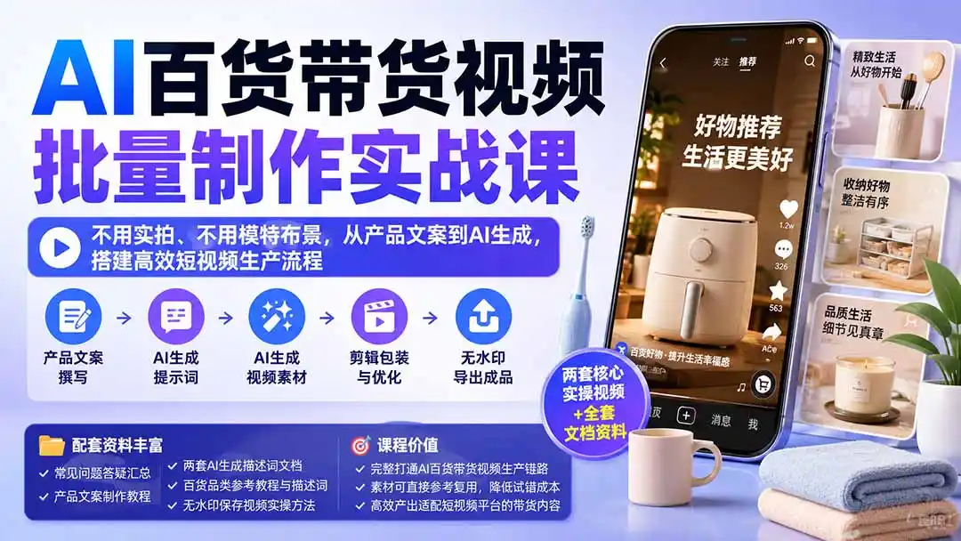 AI百货带货视频批量制作实战课：不用实拍、不用模特布景，从产品文案到AI生成，搭建高效短视频生产流程-海淘下载站
