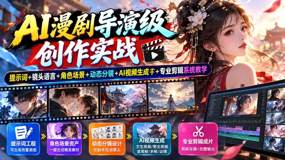 AI漫剧导演级创作实战：提示词+镜头语言+角色场景+动态分镜+AI视频生成+专业剪辑系统教学-海淘下载站