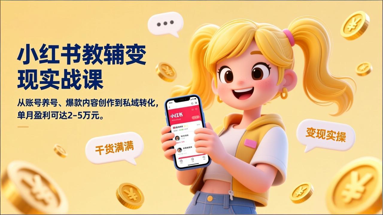 小红书教辅变现实战课，从账号养号、爆款内容创作到私域转化，单月盈利可达2-5万元-海淘下载站