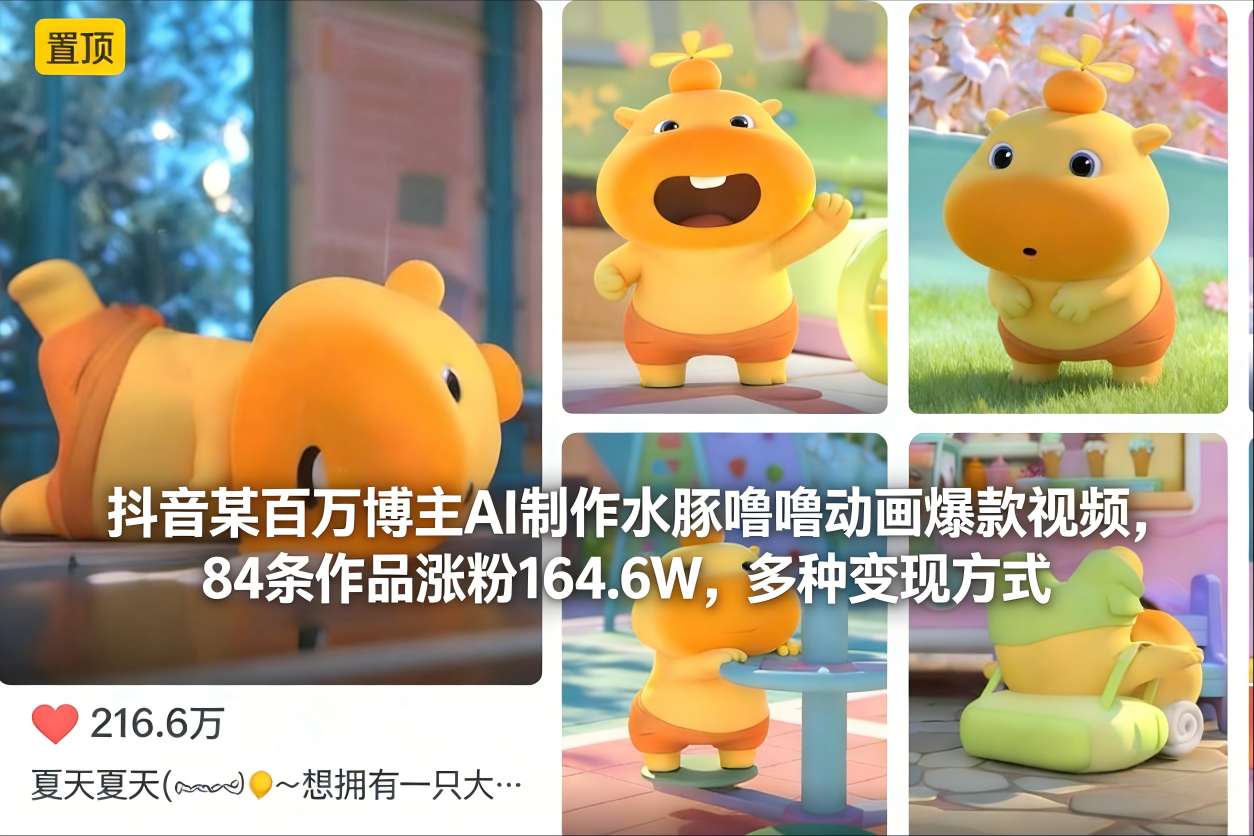 抖音某百万博主AI制作水豚噜噜动画爆款视频，84条作品涨粉164.6W，多种变现方式-海淘下载站