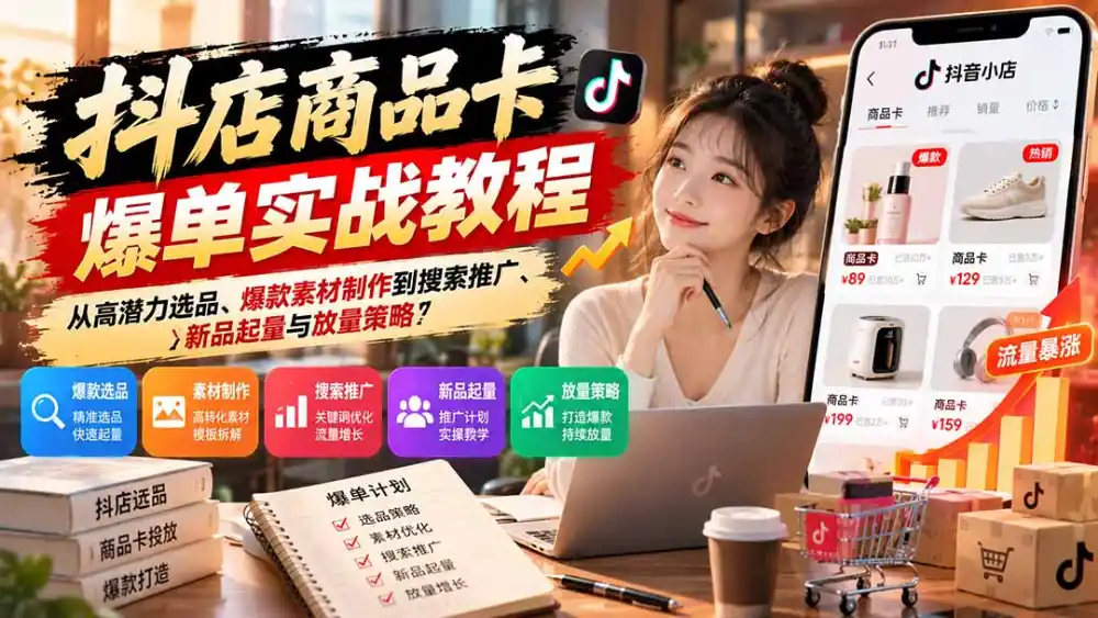 抖店商品卡爆单实战教程:从高潜力选品、爆款素材制作到搜索推广、新品起量与放量策略-海淘下载站