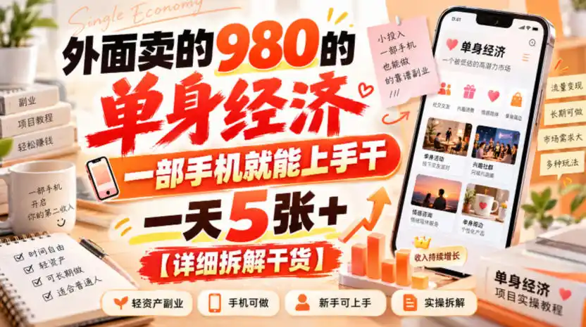 外面卖的980的单身经济,一部手机就能上手干,一天5张+【详细拆解干货】-海淘下载站