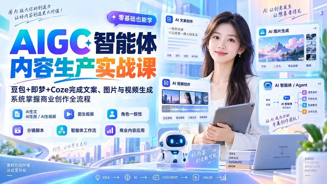 AIGC智能体内容生产实战课：豆包+即梦+Coze完成文案、图片与视频生成，系统掌握商业创作全流程-海淘下载站