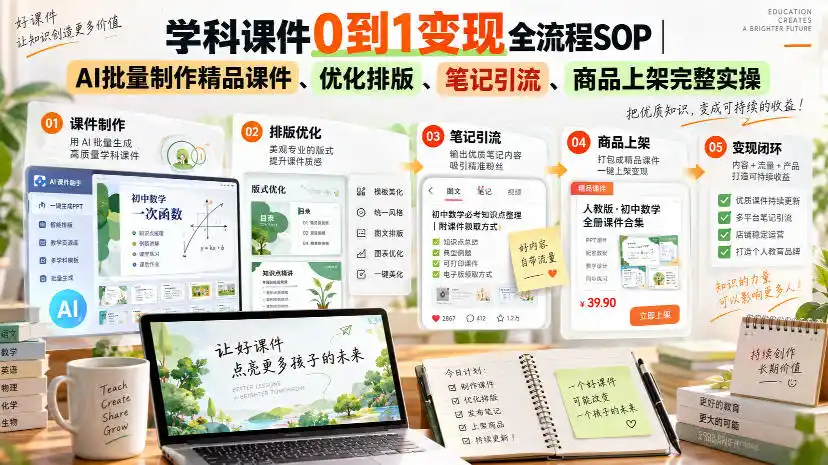 学科课件0到1变现全流程SOP|AI批量制作精品课件、优化排版、笔记引流、商品上架完整实操-海淘下载站