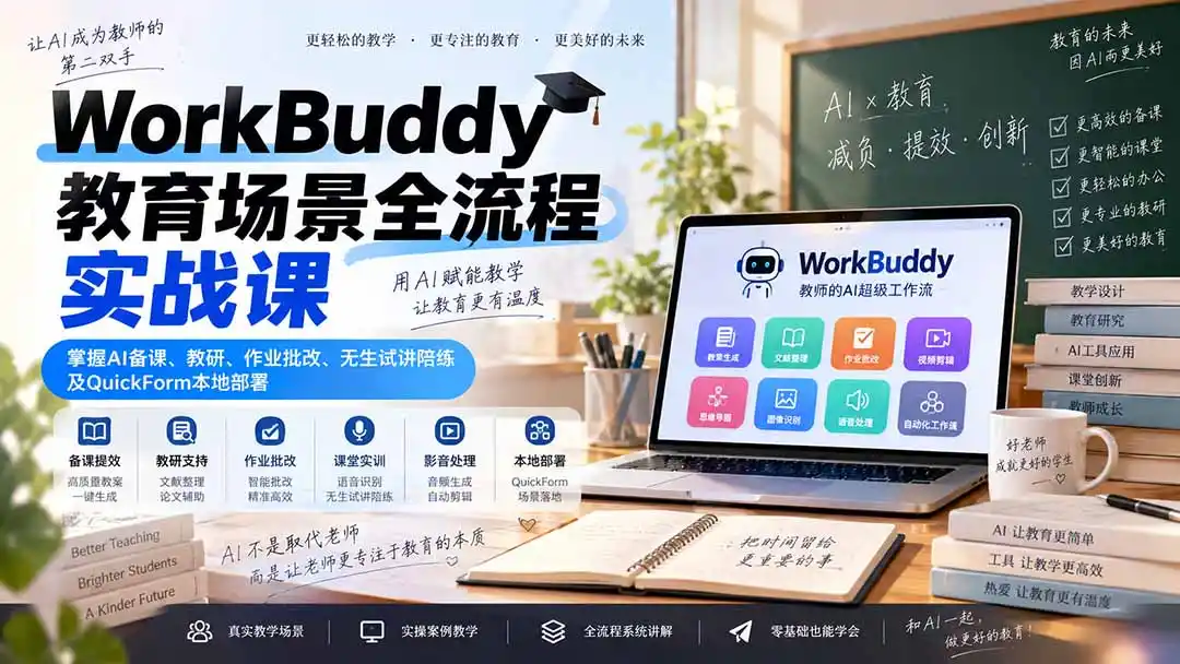 WorkBuddy教育场景全流程实战课：掌握AI备课、教研、作业批改、无生试讲陪练及QuickForm本地部署-海淘下载站