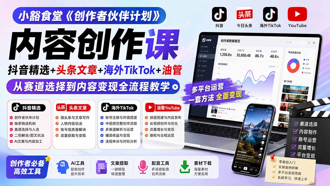 小豁食堂《创作者伙伴计划》内容创作课：抖音精选+头条文章+海外TikTok+油管，从赛道选择到内容变现全流程教学-海淘下载站