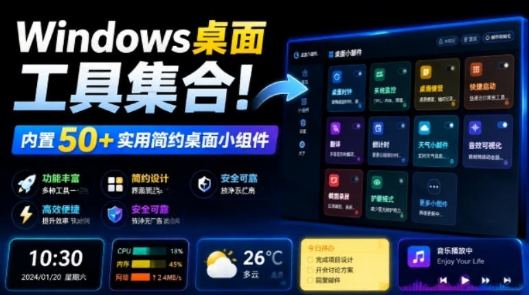 Windows桌面工具集合！内置50+实用简约桌面小组件，含截图、录屏、翻译、天气等，多秘工具箱-海淘下载站