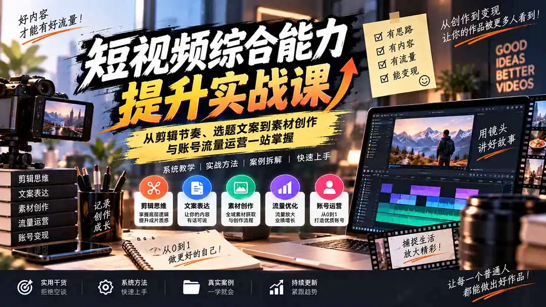 短视频综合能力提升实战课：从剪辑节奏、选题文案到素材创作与账号流量运营一站掌握-海淘下载站