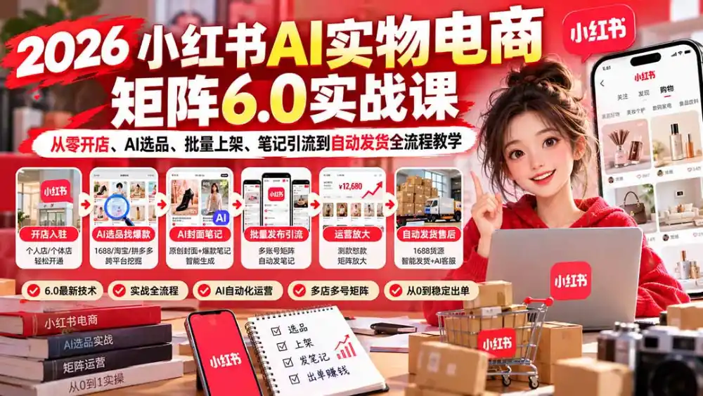 2026小红书AI实物电商矩阵6.0实战课：从零开店、AI选品、批量上架、笔记引流到自动发货全流程教学-海淘下载站