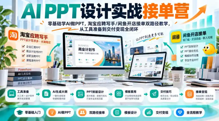 AI PPT设计实战接单营|零基础学AI做PPT,淘宝应聘写手/闲鱼开店接单双路径教学,从工具准备到交付变现全闭环-海淘下载站