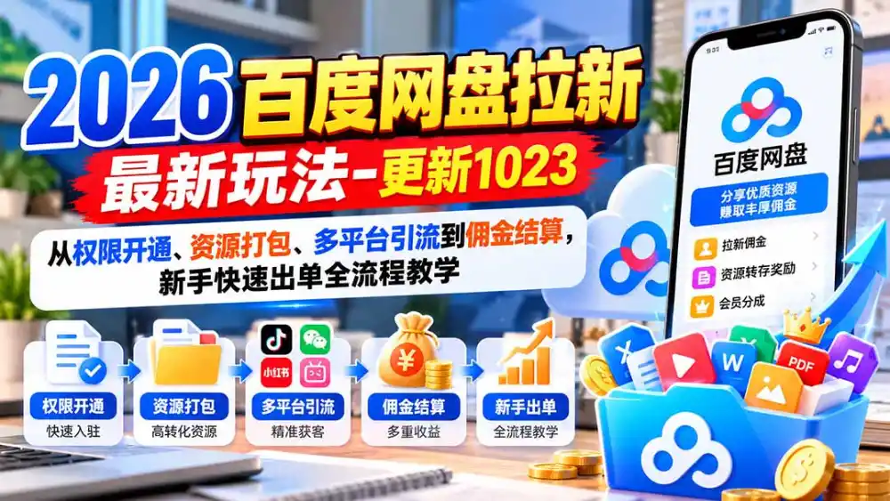 2026百度网盘拉新最新玩法-更新1023:从权限开通、资源打包、多平台引流到佣金结算,新手快速出单全流程教学 2026百度网盘拉新最新玩法-更新1023:从权限开通、资源打包、多平台引流到佣金结算,新手快速出单全流程教学