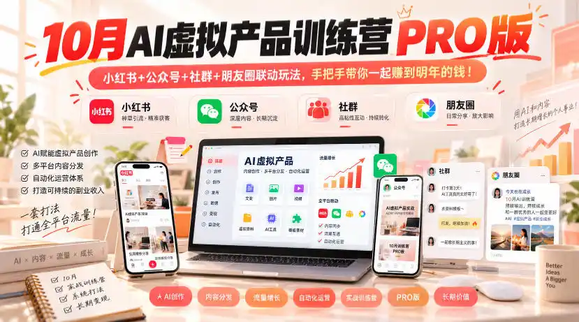 10月AI虚拟产品训练营PRO版,小红书+公众号+社群+朋友圈联动玩法,手把手带你一起赚到明年的钱!-海淘下载站