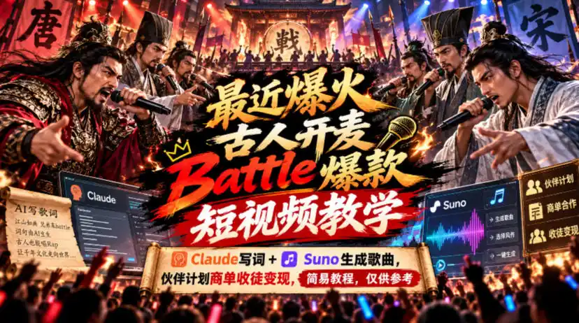 最近爆火古人开麦Battle爆款短视频教学,Claude写词+Suno生成歌曲,伙伴计划商单收徒变现,简易教程,仅供参考-海淘下载站