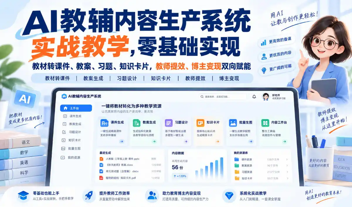 【无水印】AI教辅内容生产系统实战教学,零基础实现教材转课件、教案、习题、知识卡片,教师提效、博主变现双向赋能(更新0926) 【无水印】AI教辅内容生产系统实战教学,零基础实现教材转课件、教案、习题、知识卡片,教师提效、博主变现双向赋能(更新0926)