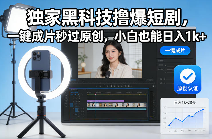 独家黑科技撸爆短剧，一键成片秒过原创，小白也能日入1k+【揭秘】-海淘下载站