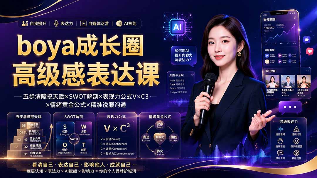 boya成长圈｜内心成长高级表达AI自媒体三合一，消解内耗挖掘天赋，镜头沟通AI指令短视频全流程教学-海淘下载站
