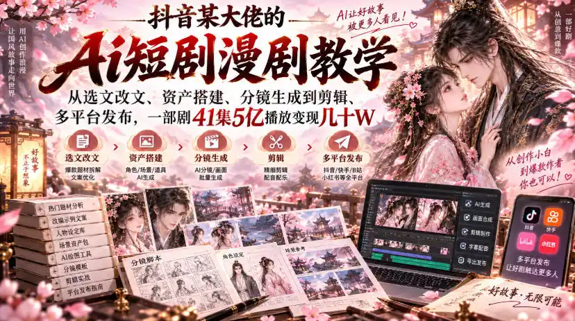 抖音某大佬的Ai短剧漫剧教学,从选文改文、资产搭建、分镜生成到剪辑、多平台发布,一部剧41集5亿播放变现几十W-海淘下载站