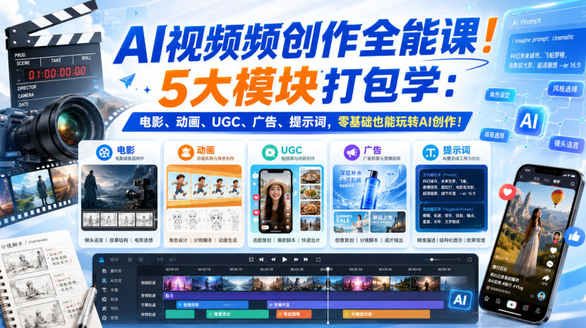 AI视频频创作全能课！5大模块打包学：电影、动画、UGC、广告、提示词，零基础也能玩转AI创作！【原创双语字幕】-海淘下载站