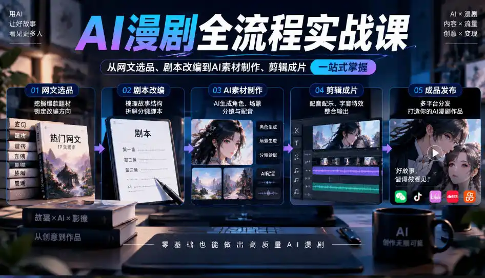 AI漫剧全流程实战课,覆盖从网文选品、剧本改编到AI素材制作、剪辑成片的完整链路-海淘下载站