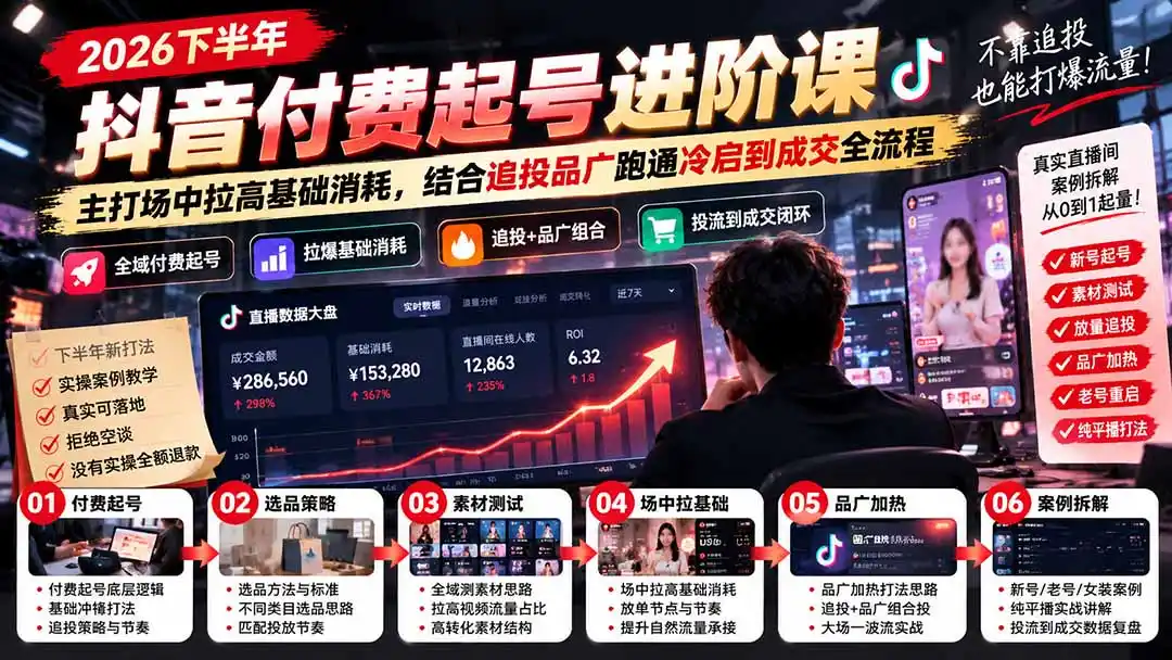 2026下半年抖音付费起号进阶课：主打场中拉高基础消耗，结合追投品广跑通冷启到成交全流程