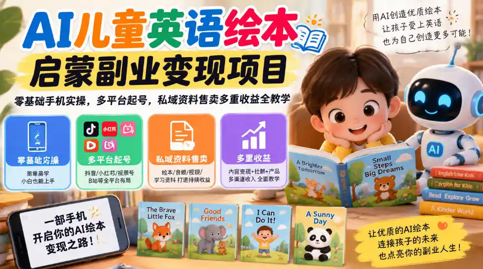 AI儿童英语绘本启蒙副业变现项目，零基础手机实操，多平台起号，私域资料售卖多重收益全教学-海淘下载站