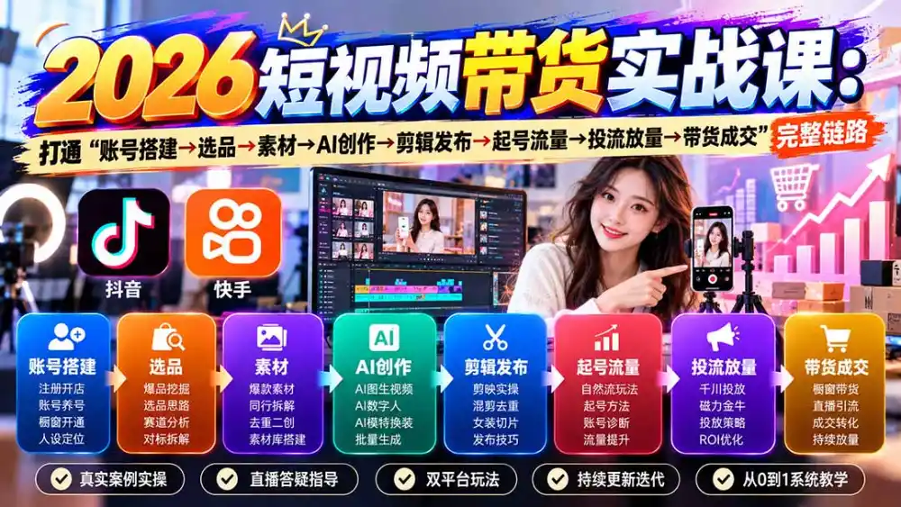 2026短视频带货实战课9月：打通“账号搭建→选品→素材→AI创作→剪辑发布→起号流量→投流放量→带货成交”完整链路-海淘下载站