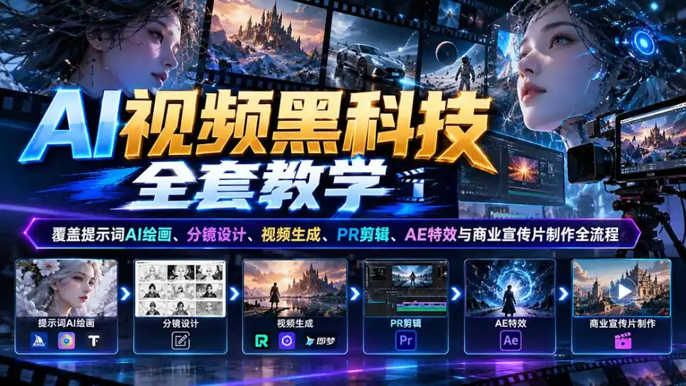 AI视频黑科技全套教学：覆盖提示词AI绘画、分镜设计、视频生成、PR剪辑、AE特效与商业宣传片制作全流程-海淘下载站