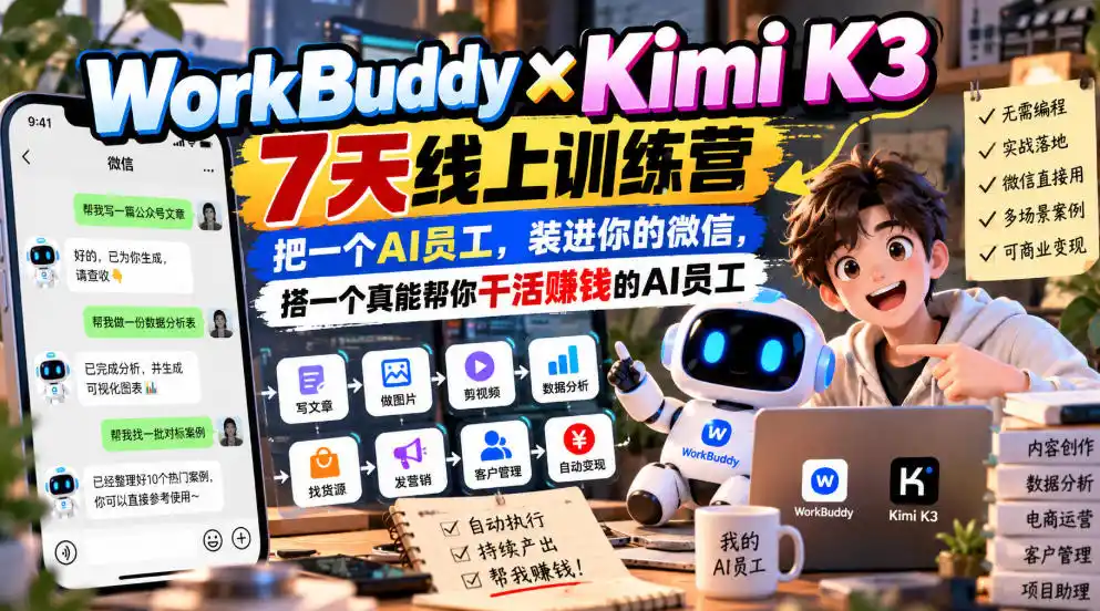 WorkBuddy×Kimi K3 7天线上训练营,把一个AI员工,装进你的微信,搭一个真能帮你干活賺钱的AI员工-海淘下载站