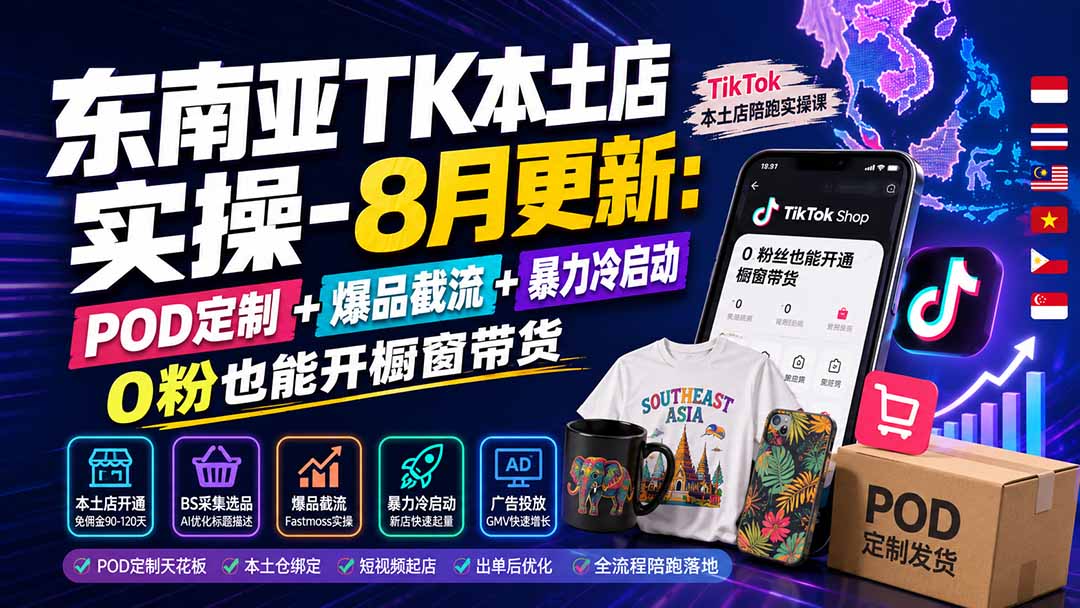 东南亚TK本土店实操-8月更新：POD定制+爆品截流+暴力冷启动，0粉也能开橱窗带货-海淘下载站
