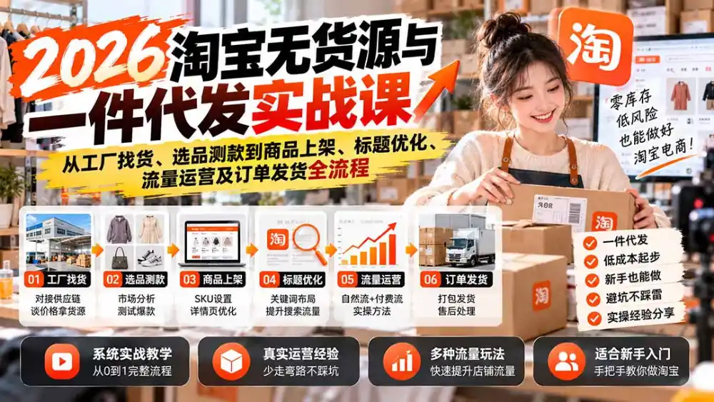 2026淘宝无货源与一件代发实战课:从工厂找货、选品测款到商品上架、标题优化、流量运营及订单发货全流程 2026淘宝无货源与一件代发实战课:从工厂找货、选品测款到商品上架、标题优化、流量运营及订单发货全流程