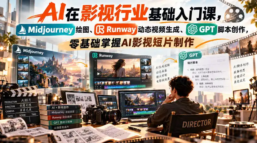 【无水印】AI在影视行业基础入门课，Midjourney绘图、Runway动态视频生成、GPT脚本创作，零基础掌握AI影视短片制作-海淘下载站