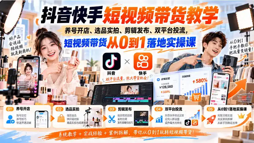 抖音快手短视频带货教学|养号开店、选品实拍、剪辑发布、双平台投流,短视频带货从0到1落地实操课-海淘下载站