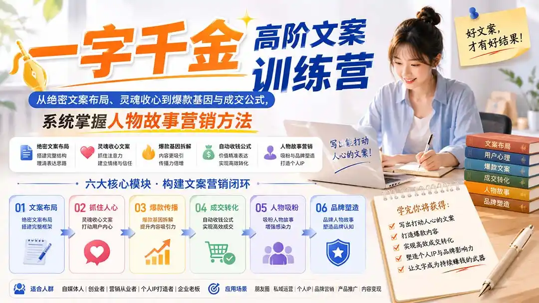 一字千金高阶文案训练营：从绝密文案布局、灵魂收心到爆款基因与成交公式，系统掌握人物故事营销方法-海淘下载站