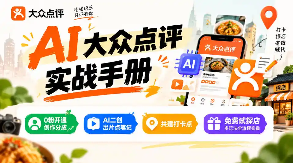 某局的AI大众点评实战手册，0粉开通创作分成、AI二创出片点笔记、共建打卡点、免费试探店多玩法全流程实操-海淘下载站