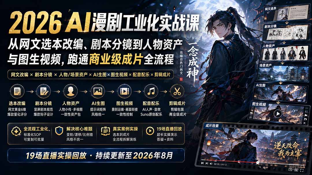2026 AI漫剧工业化实战课-更新：从网文选本改编、剧本分镜到人物资产与图生视频，跑通商业级成片全流程-海淘下载站