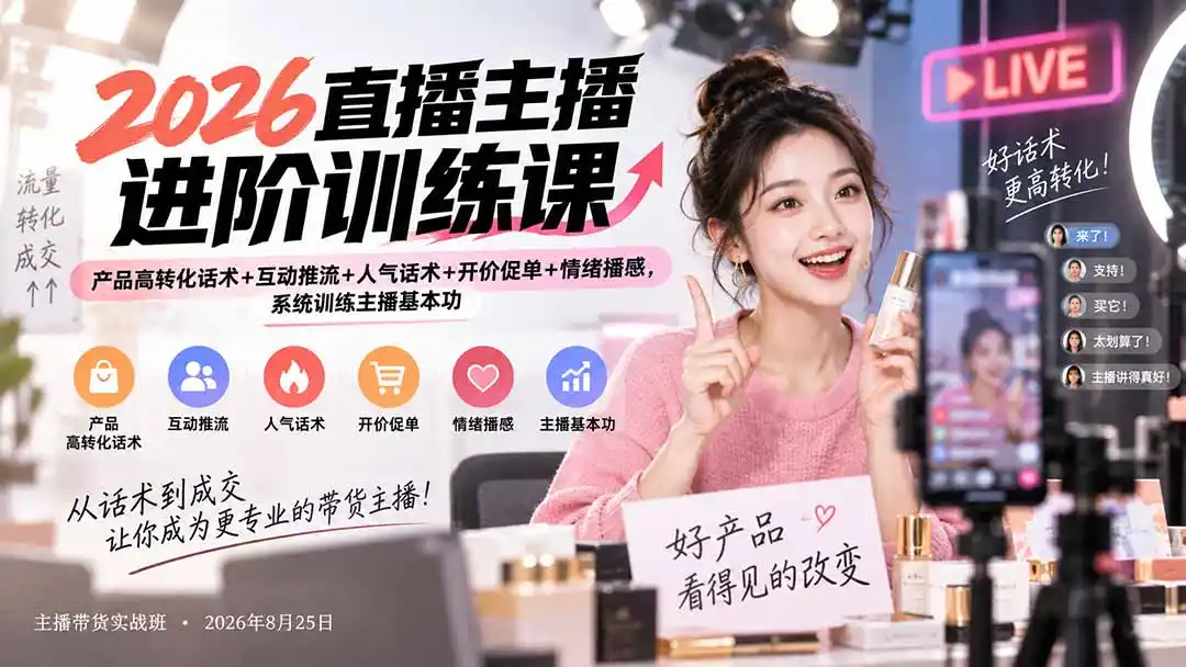 2026直播主播进阶训练课：产品高转化话术+互动推流+人气话术+开价促单+情绪播感，系统训练主播基本功-海淘下载站
