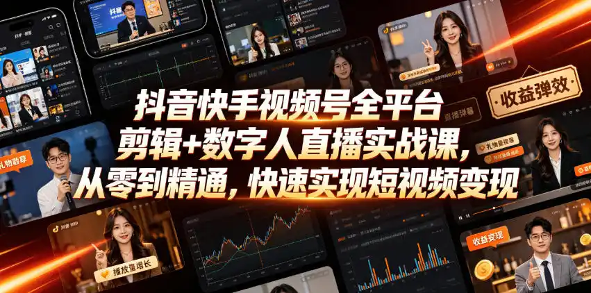 抖音快手视频号全平台剪辑+数字人直播实战课,从零到精通,快速实现短视频变现(更新2026年10月)-海淘下载站
