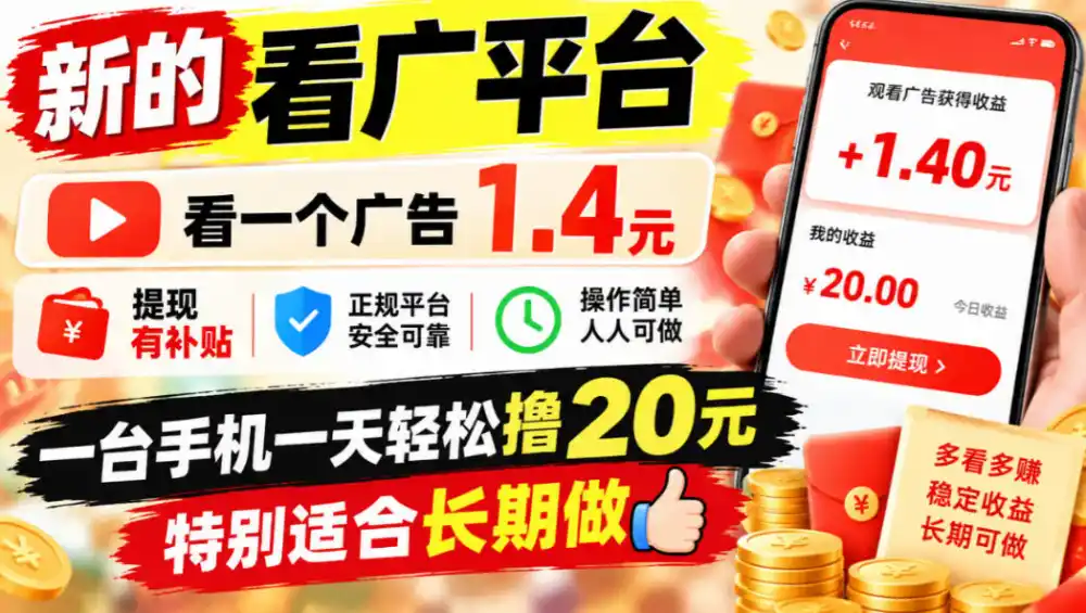 一个新的看广平台，看一个广告1.4元，提现有补贴,一台手机一天轻松撸20+，特别适合长期做【揭秘】-海淘下载站