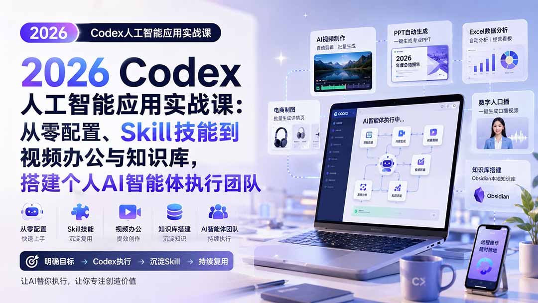2026 Codex人工智能应用实战课：从零配置、Skill技能到视频办公与知识库，搭建个人AI智能体执行团队-海淘下载站