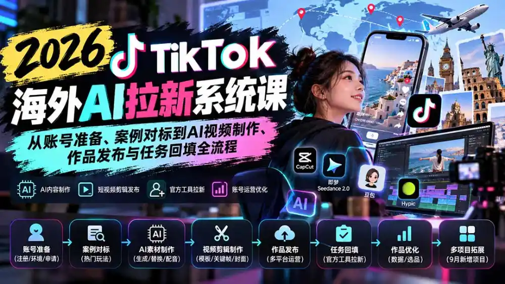 【无水印】2026 TikTok海外AI拉新系统课：从账号准备、案例对标到AI视频制作、作品发布与任务回填全流程-海淘下载站